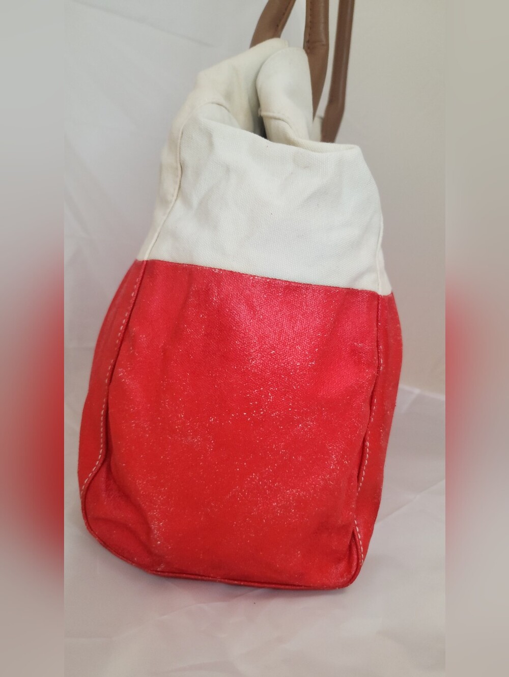 Tory Burch Cream and Red Canvas Tote with Tan Leather Trim Nearly PERCECT - Picture 9 of 13
